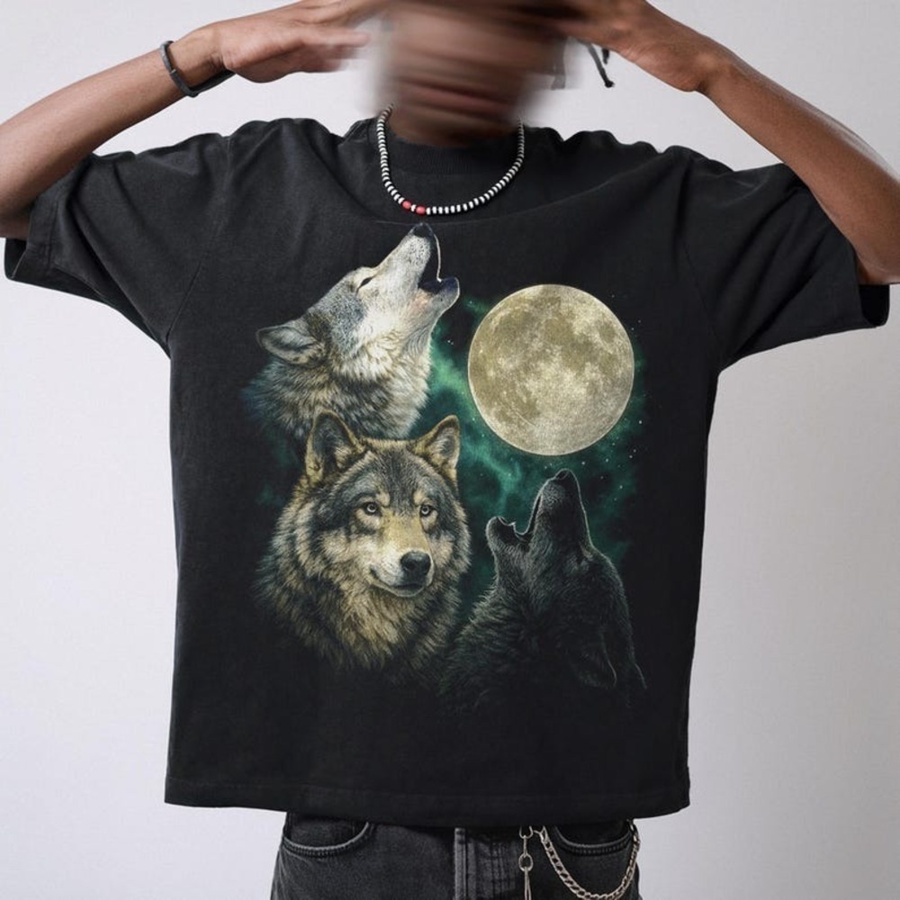 Howling Wolves  90s Graphic Shirt, Retro Wolf Moon Tee
